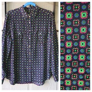 Talbots button down blouse, 100% silk, geometric print, multicolored on black